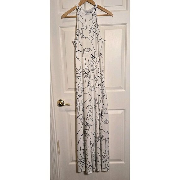 Jumpsuit Womens White Black Abstract Print Halter Sleeveless Wide Leg Medium Y2K - Picture 2 of 9